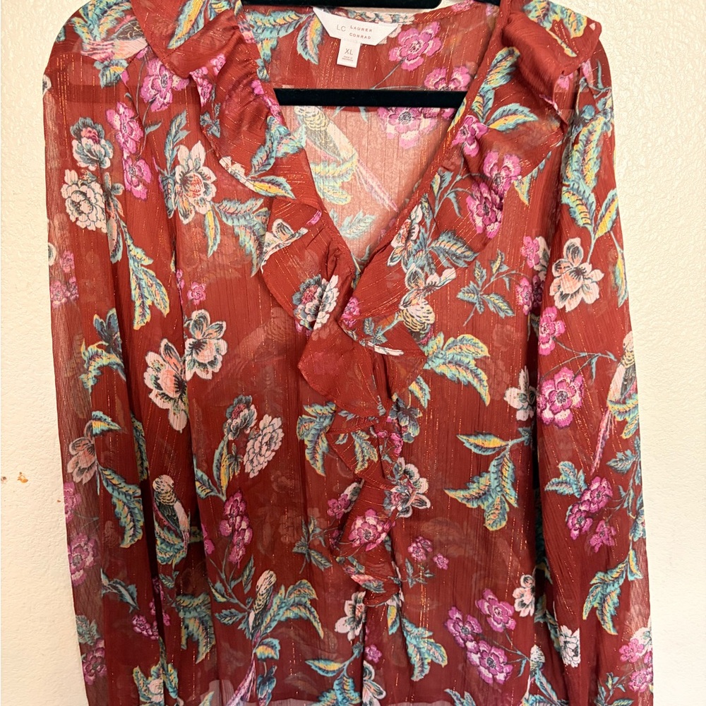LC Lauren Conrad Floral Sheer Blouse - Red and Pink